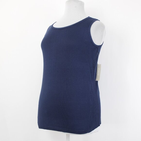 Chicos Top $50 Sz 2 Navy Blue Rib Trim Detail Tank Rayon Top - Picture 3 of 12